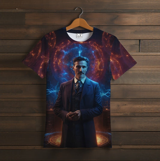 Camiseta 3D All Over Print con un tema de Nikola Tesla.