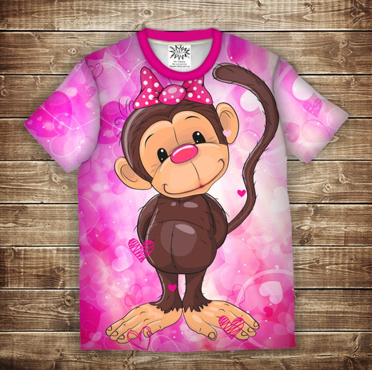 T-shirt 3D All Over Print: Fun Monkeys Pink 2. Children's and adult sizes.