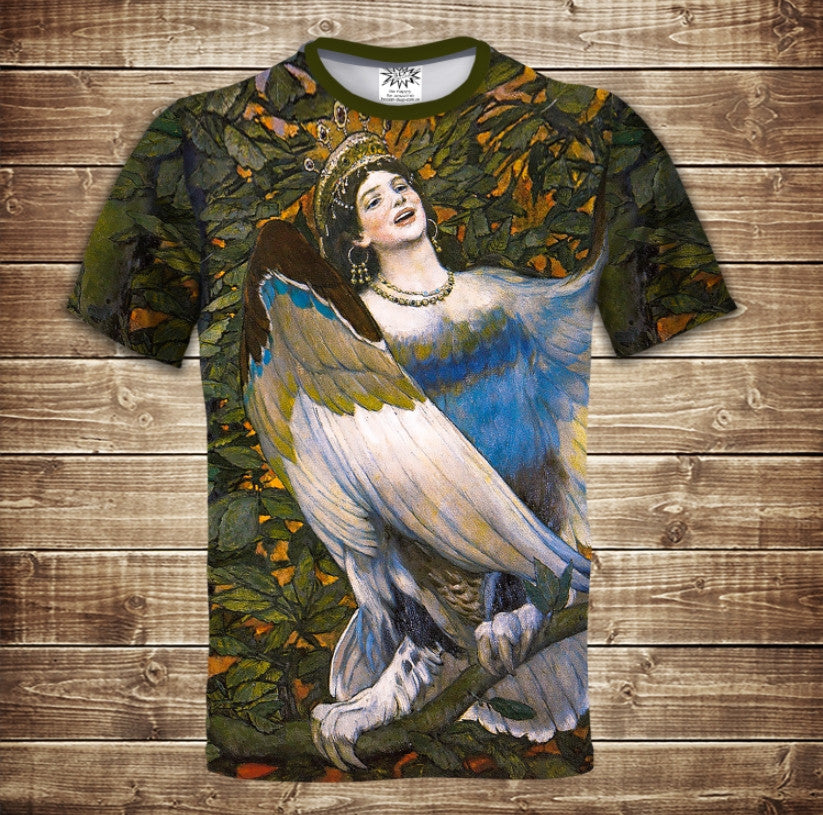 Camiseta 3D All Over Print: El cuadro de Vasnetsov. Criaturas míticas Sirin y Alkonost. Tallas para adultos y niños.