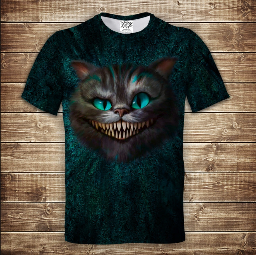 Camiseta 3D All Over Print Gato Cheshire con Sonrisa de Nicholson Tallas Adulto y Niño