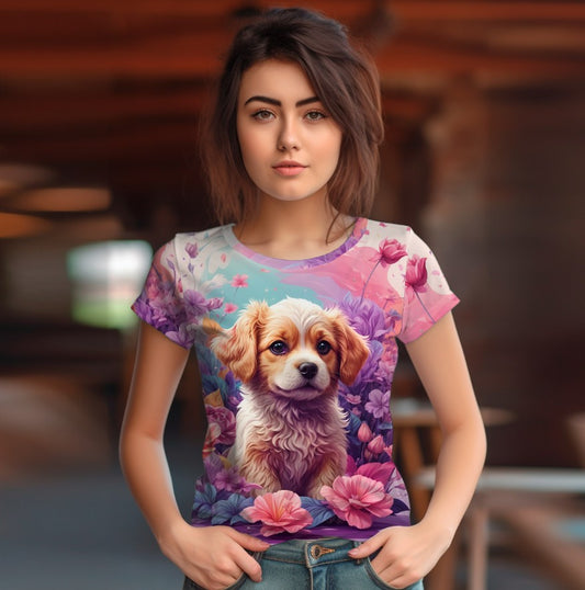 T-shirt 3D All Over Print with a cute puppy and flowers theme.