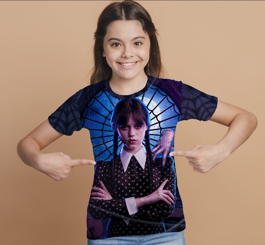 T-shirt 3D All Over Print with the print of Wednesday Addams and Enit Wednesday Addams.