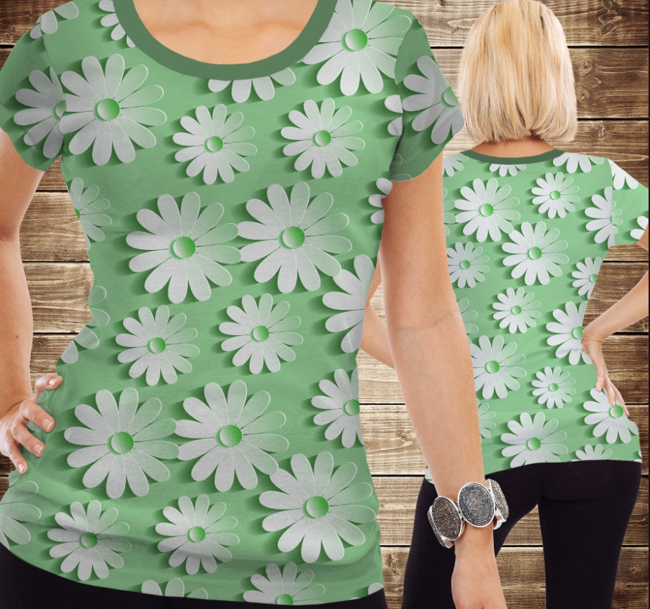 T-shirt 3D All Over Print White Flowers on a Green Background All Sizes