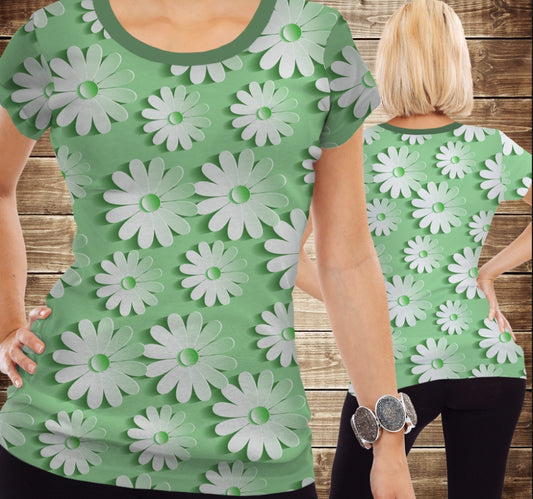 Camiseta 3D All Over Print Flores Blancas sobre Fondo Verde Todas las Tallas