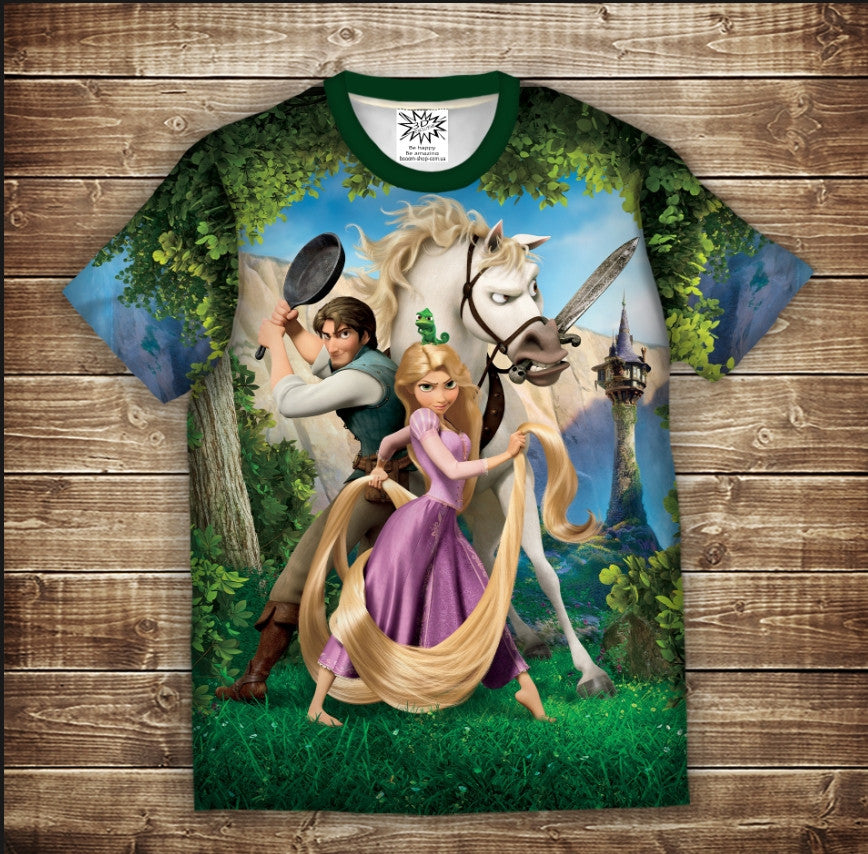 Camiseta 3D All Over Print con el tema Princesa Rapunzel y sus amigas.