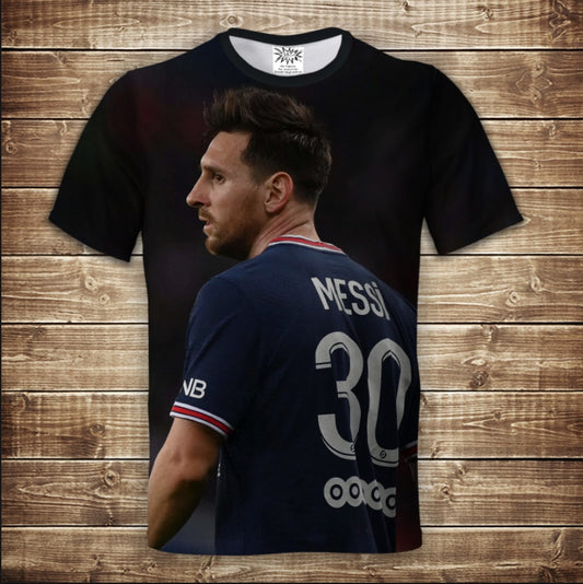 Camiseta 3D All Over Print con temática futbolística de Messi.