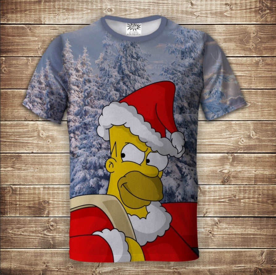 T-shirt 3D All Over Print with a print of Homer Simpson with a bag and wearing a Santa Claus hat. Adult and children's sizes.