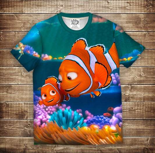 Camiseta 3D All Over Print con tema Buscando a Nemo. Disponible en tallas para niños y adultos.