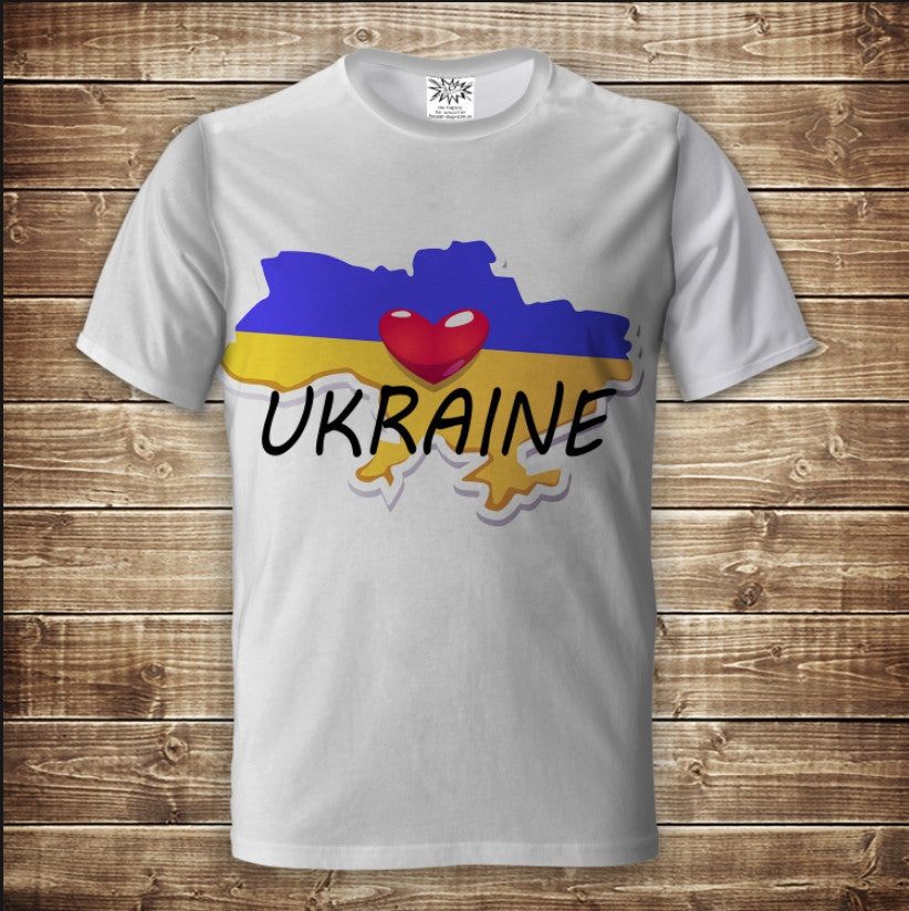 T-shirt 3D All Over Print with a 3D print of the map of Ukraine and a heart. Available in adult and children's sizes.