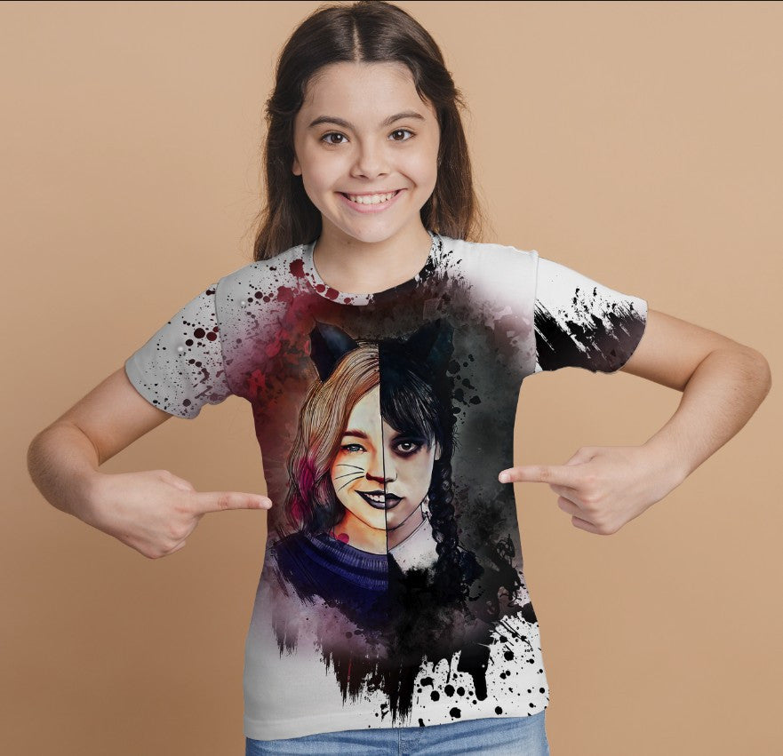 T-shirt 3D All Over Print with the print of Wednesday Addams and Enit Wednesday Addams.