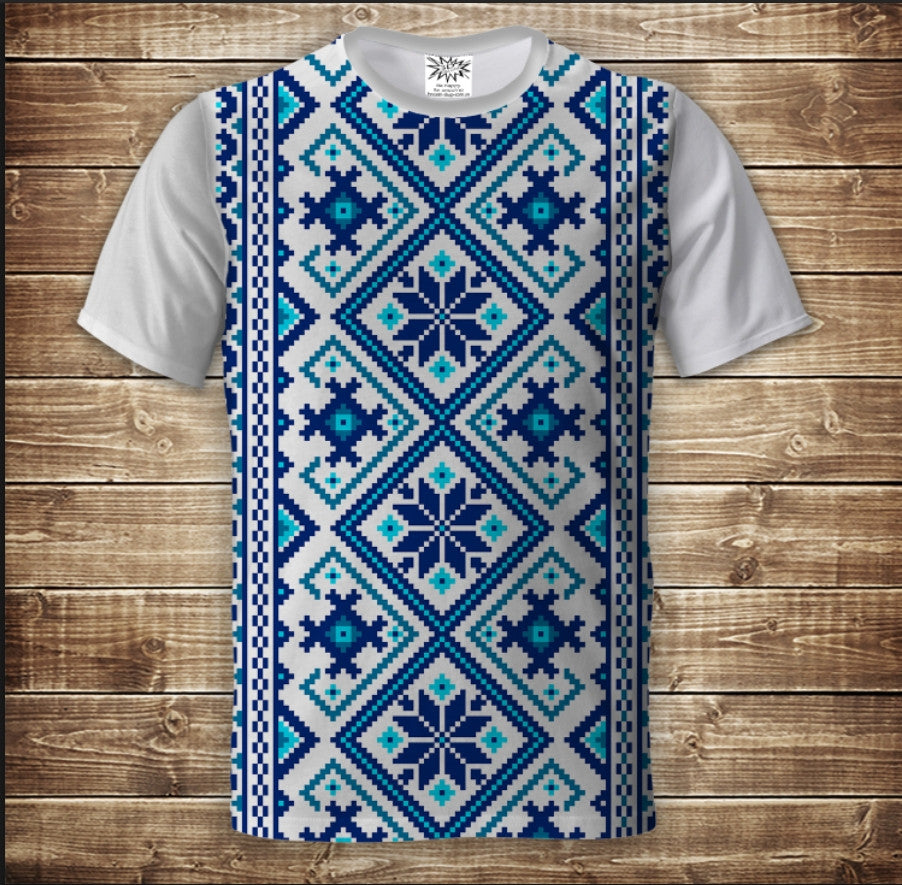 T-shirt 3D All Over Print Blue Embroidered Shirt Adult and Children Sizes