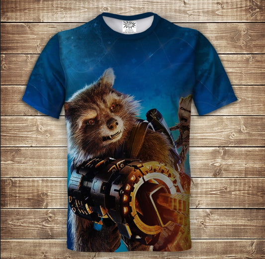 T-shirt 3D All Over Print Rocket, Groot and Machine Gun Adult and Children's Sizes