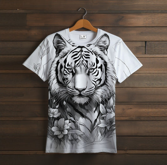 Camiseta 3D All Over Print con un tema de Tigre Blanco y Negro en Flores.