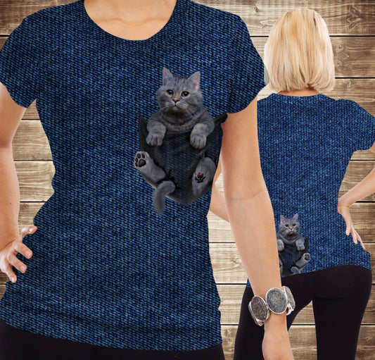 T-shirt 3D All Over Print with a 3D print of a Kitten in a Pocket. Available in children's and adult sizes.