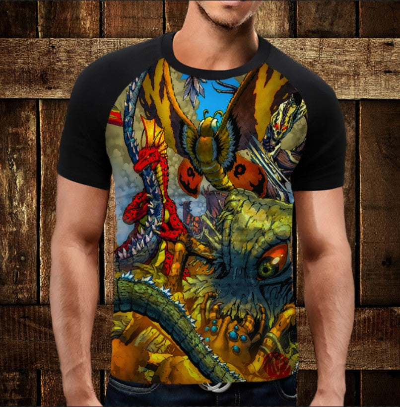 T-shirt with a 3D print of Mothra and Godzilla