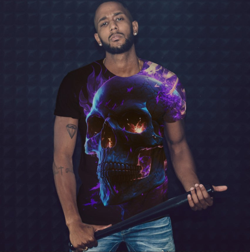 T-shirt 3D All Over Print with Skull on Fire Theme