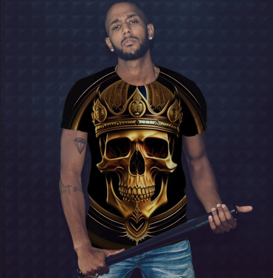 Camiseta 3D All Over Print con temática de Calavera Dorada. Rey de la corona del cráneo esqueleto.