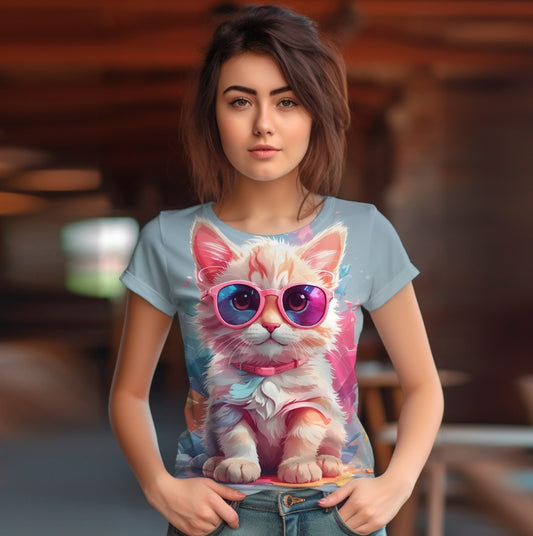 Camiseta 3D All Over Print con el tema de un Gatito con Gafas Rosas.