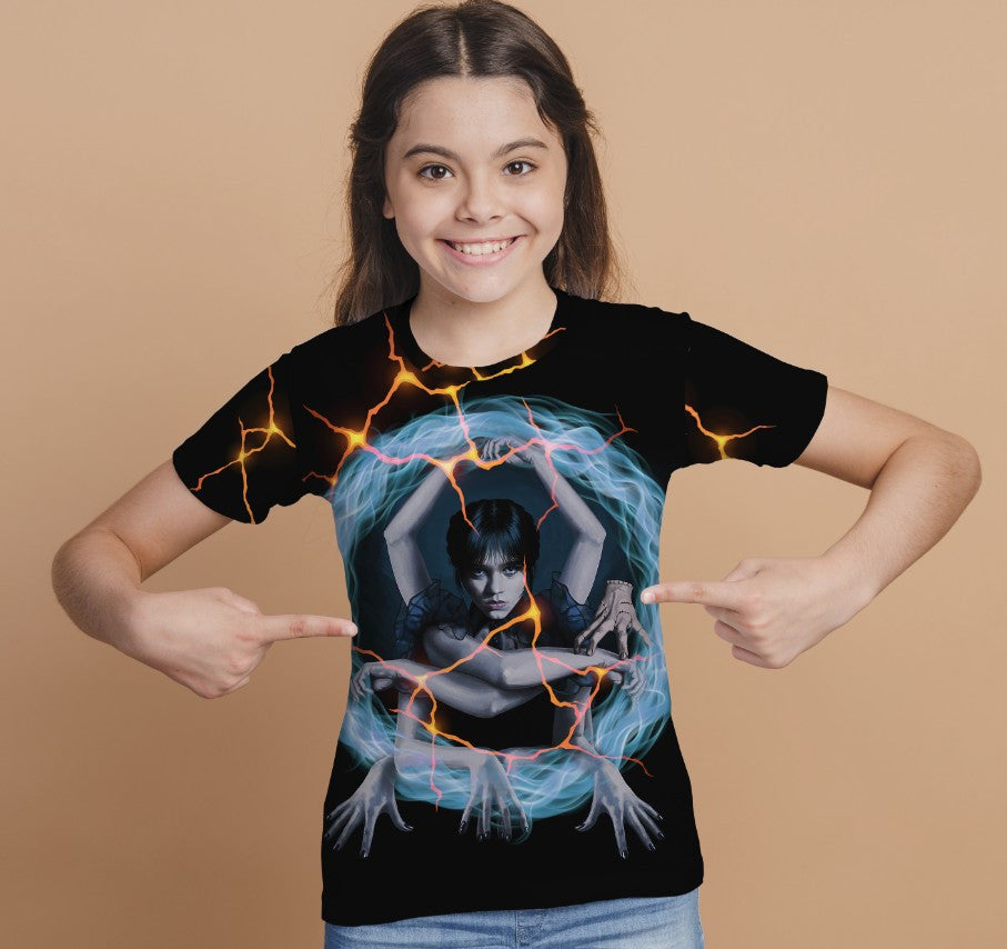 T-shirt 3D All Over Print with the print of Wednesday Addams and Enit Wednesday Addams.