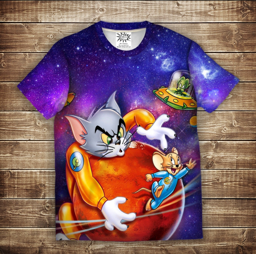 Camiseta 3D All Over Print Tom y Jerry en el Espacio Tallas Infantil y Adulto