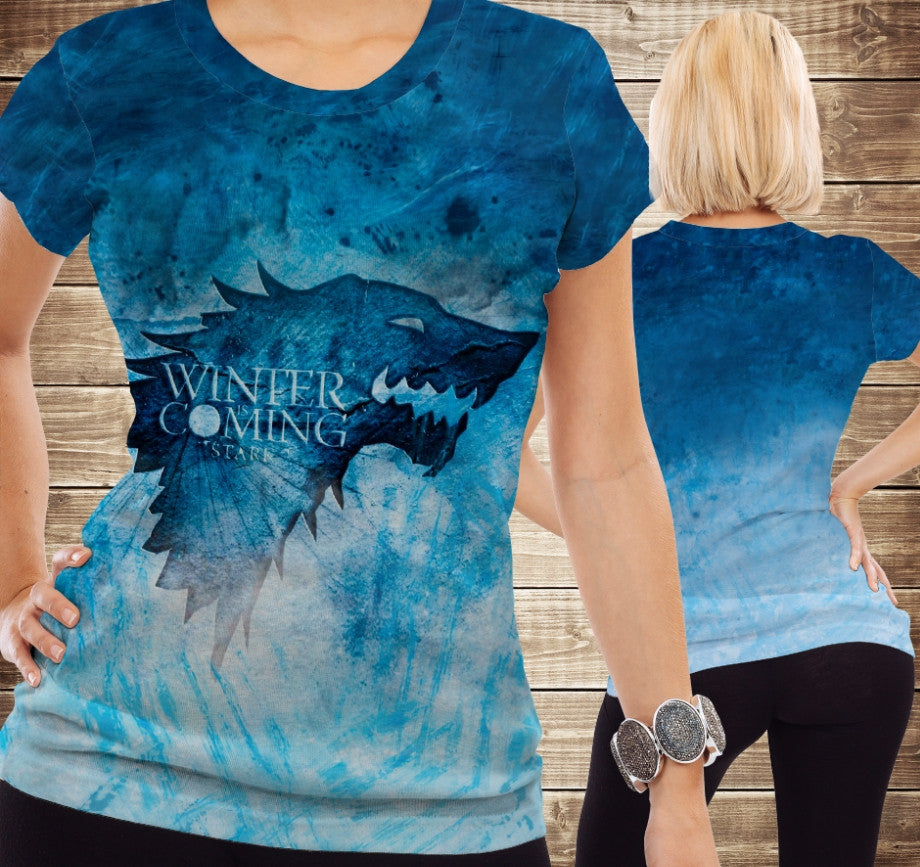 T-shirt 3D All Over Print with 3D print Gerb Starkov from the TV series Game of Thrones Winter is Coming. Available in adult and children's sizes.