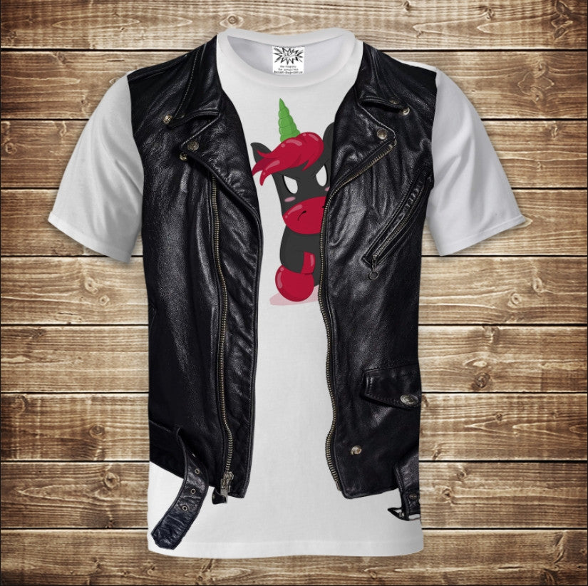 Camiseta 3D All Over Print Camiseta blanca con chaleco de cuero Unicornio enojado