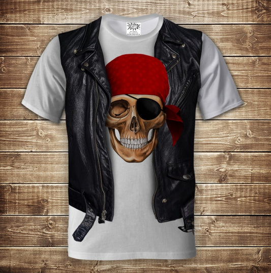 T-shirt 3D All Over Print 2-in-1 shirt + pirate skull vest in red bandana Adult and children's sizes