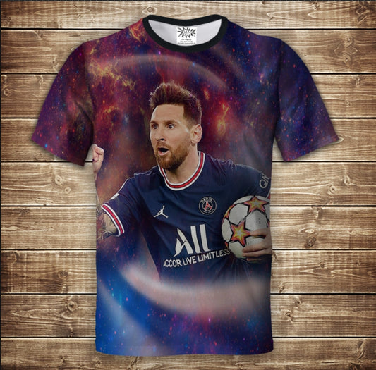 Camiseta 3D All Over Print con temática futbolística de Messi.