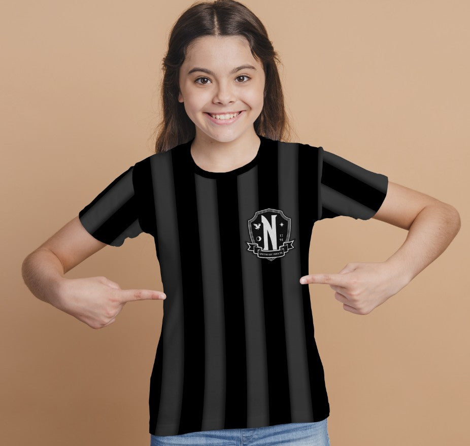 T-shirt 3D All Over Print with the print of Wednesday Addams and Enit Wednesday Addams.