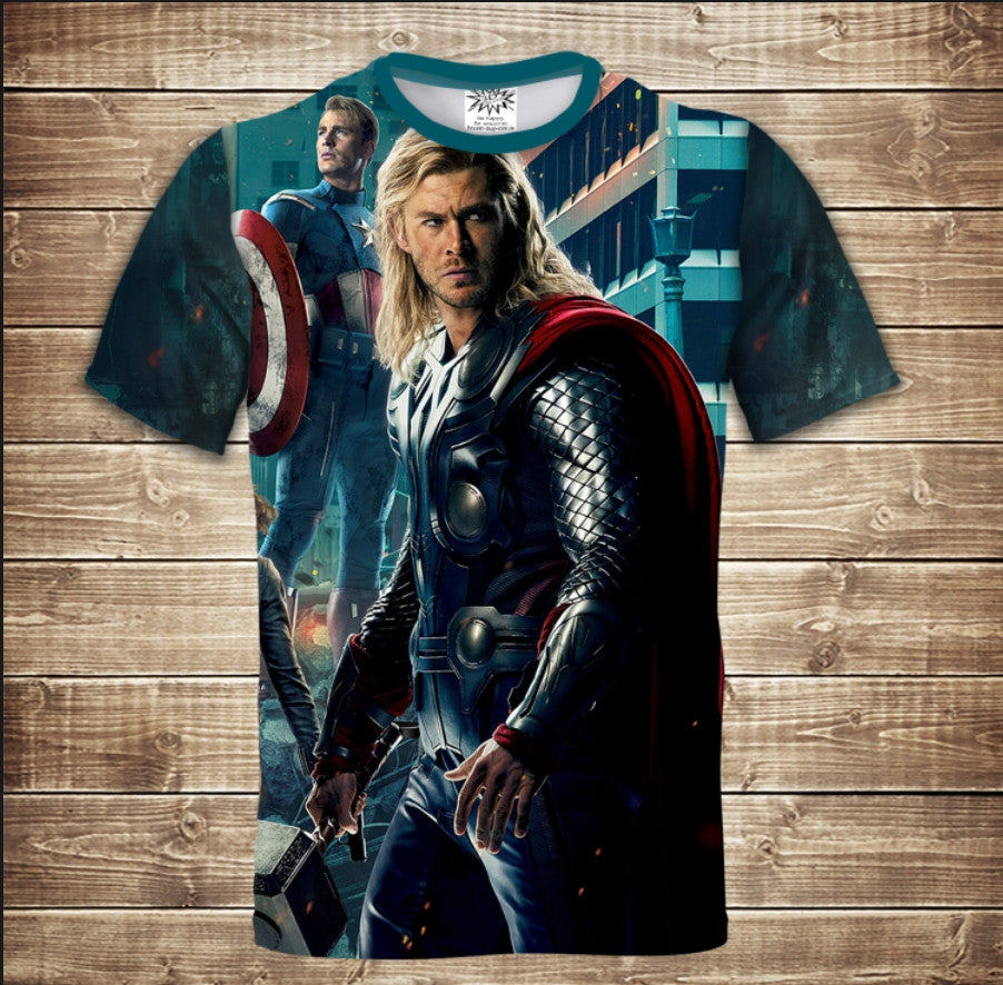 T-shirt 3D All Over Print with designs of Thor, Hulk, Tony Stark - Avengers. Available in adult and children sizes.