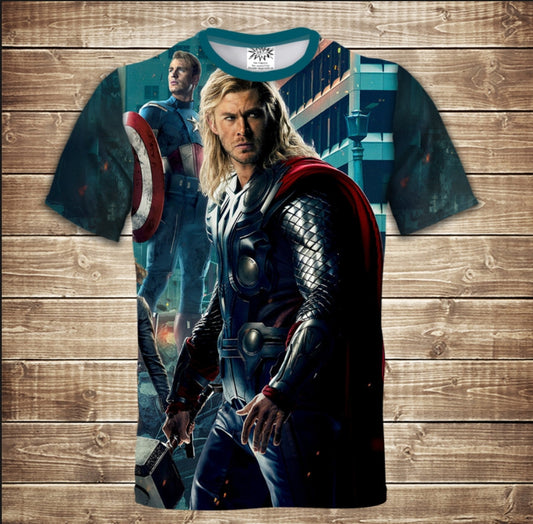 Camiseta 3D All Over Print con diseños de Thor, Hulk, Tony Stark - Vengadores. Disponible en tallas para adultos y niños.