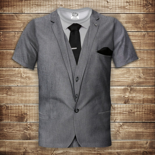 Camiseta 3D All Over Print Traje Gris "Pie de Ganso" con Chaleco y Corbata