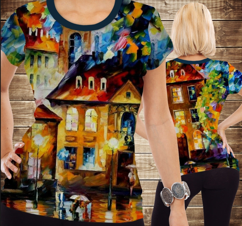 Camiseta 3D All Over Print Paisaje urbano otoñal. Dos bajo la lluvia.