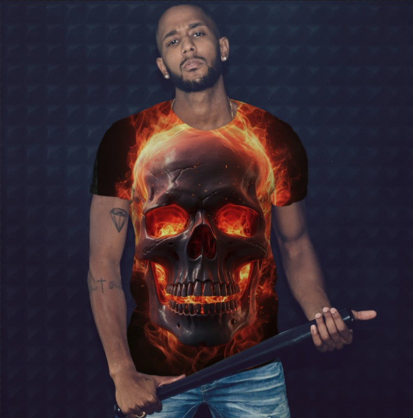 T-shirt 3D All Over Print with Skull on Fire Theme