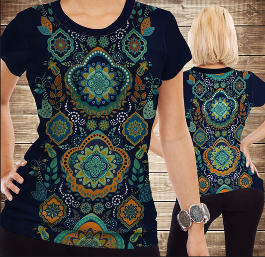 T-shirt 3D All Over Print Indian Ornaments Blue Tone. Children and adult sizes.