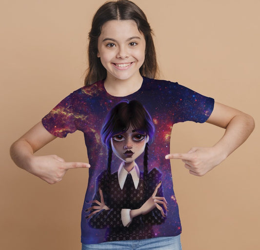 T-shirt 3D All Over Print with the print of Wednesday Addams and Enit Wednesday Addams.