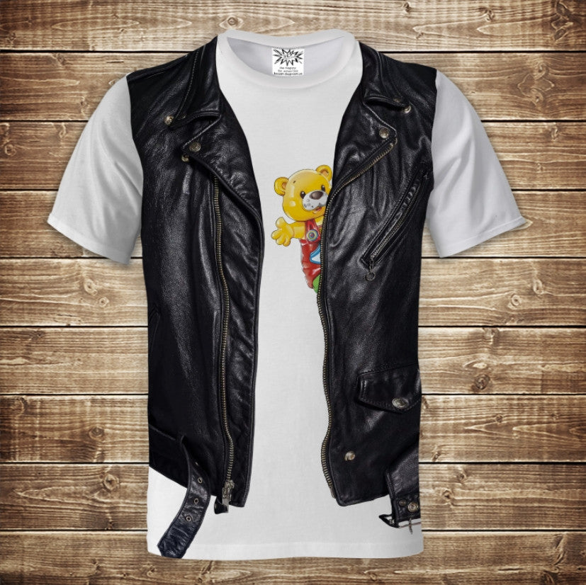 Camiseta 3D All Over Print Camiseta blanca con chaleco de cuero y osito de peluche