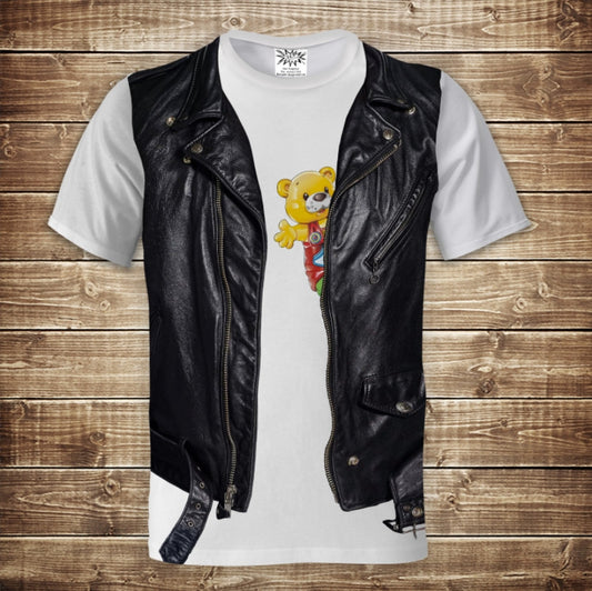 T-shirt 3D All Over Print White T-shirt with leather vest and teddy bear