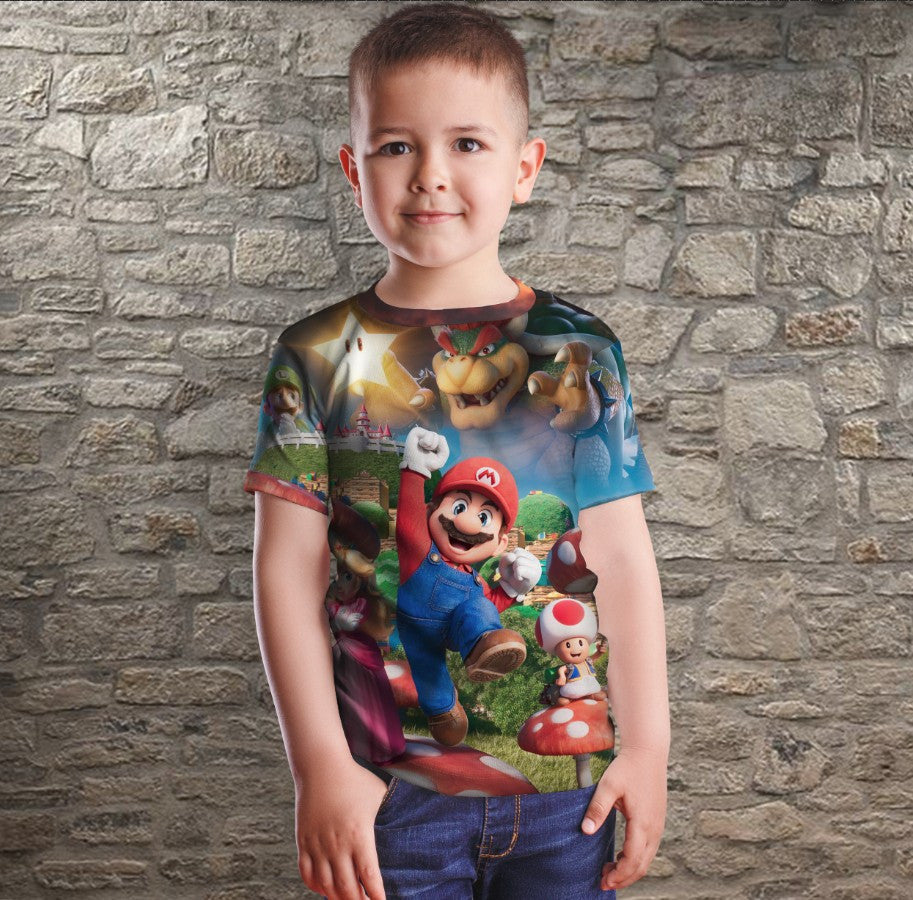 Camiseta 3D All Over Print con temática de Super Mario para tallas de adulto y niño.