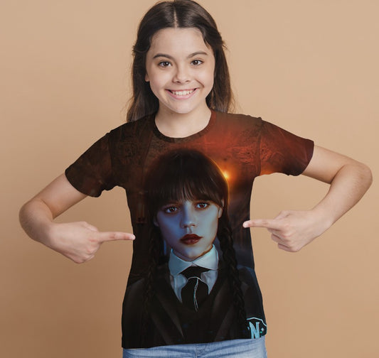 T-shirt 3D All Over Print with the print of Wednesday Addams and Enit Wednesday Addams.