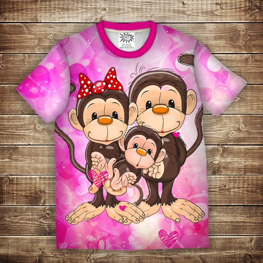 T-shirt 3D All Over Print: Fun Monkeys Pink 1. Children's and adult sizes.