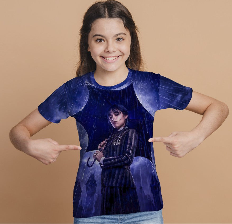 T-shirt 3D All Over Print with the print of Wednesday Addams and Enit Wednesday Addams.