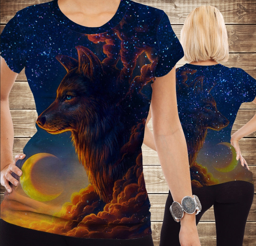 T-shirt 3D All Over Print with a wolf and a starry sky Adult and children's sizes