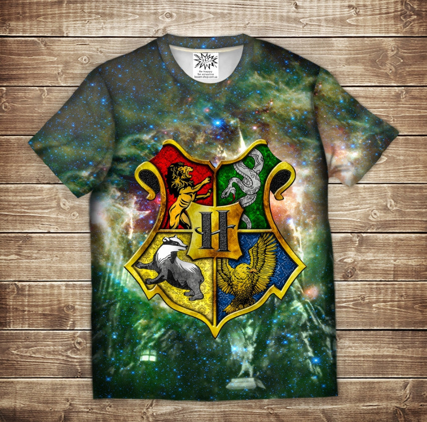 Camiseta 3D All Over Print Harry Potter. Casas de Hogwarts. Tallas de niño y adulto.