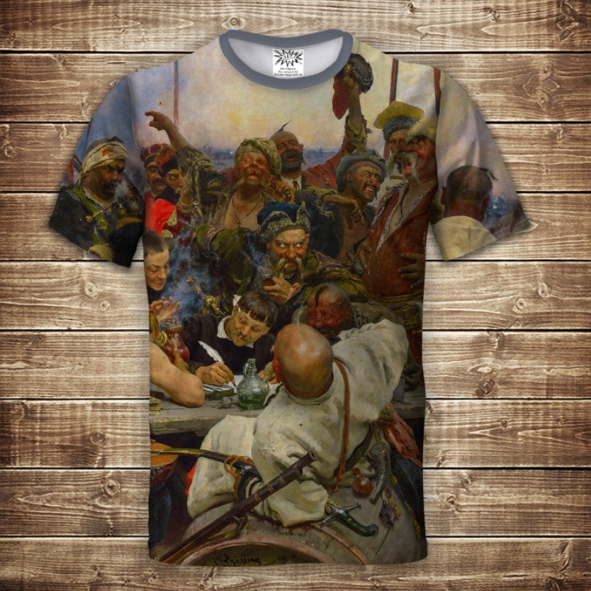 T-shirt 3D All Over Print with a theme of Cossacks. Zaporozhian Cossacks write a letter to the Turkish sultan. Adult and children's sizes.