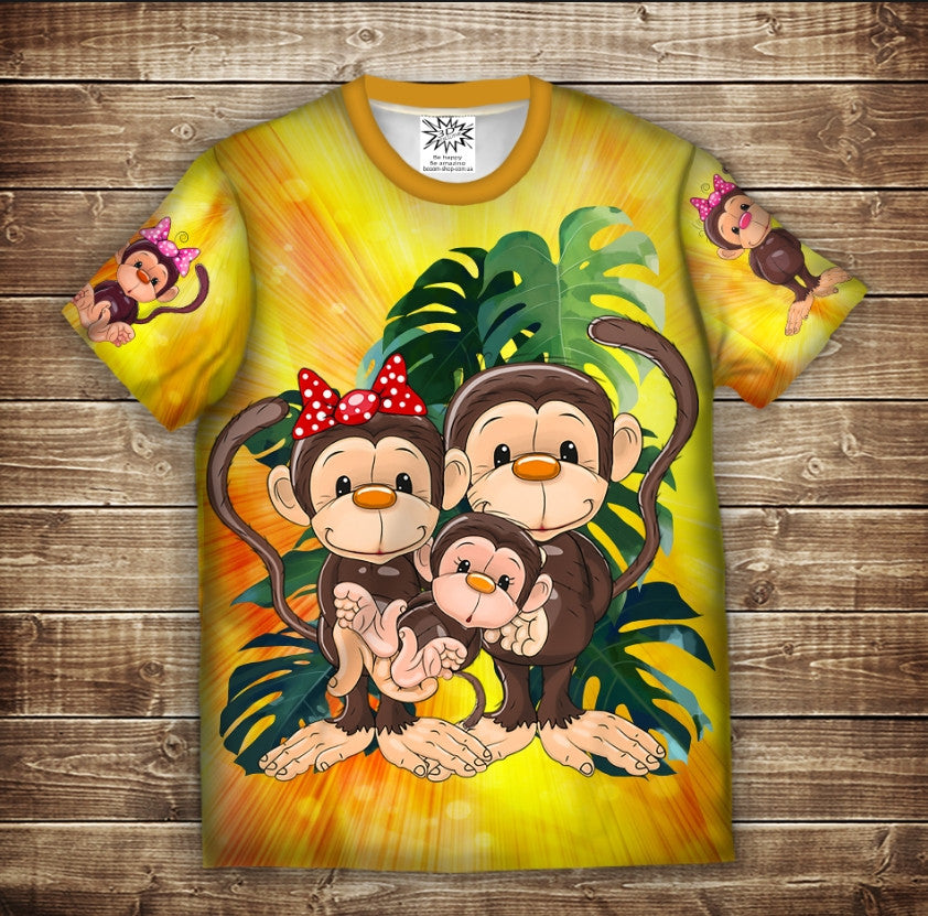 Camiseta 3D All Over Print: Fun Monkeys Amarilla 2. Tallas niño y adulto.