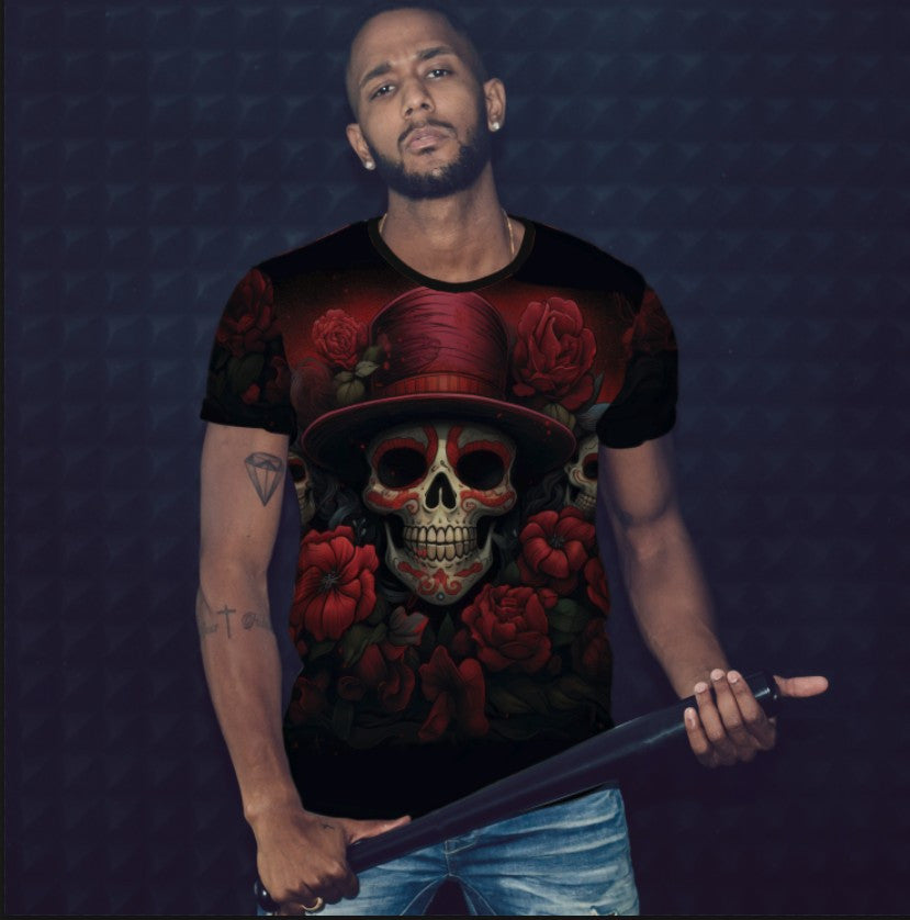 T-shirt 3D All Over Print with Skull in Flowers Theme