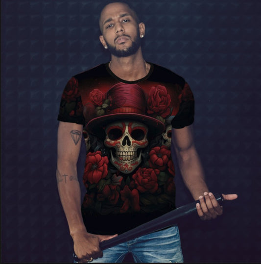 Camiseta con estampado integral en 3D con tema de calavera en flores