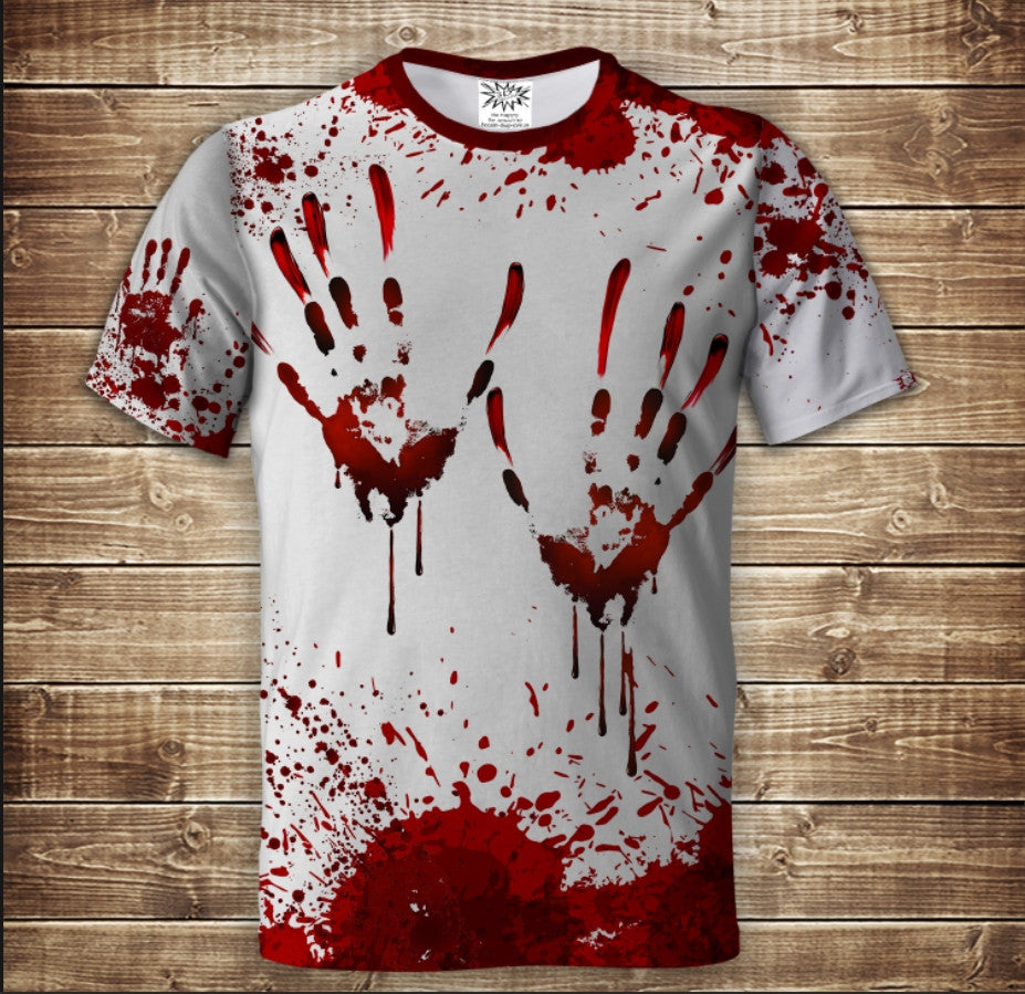 T-shirt 3D All Over Print with a theme of Handprints in red paint.