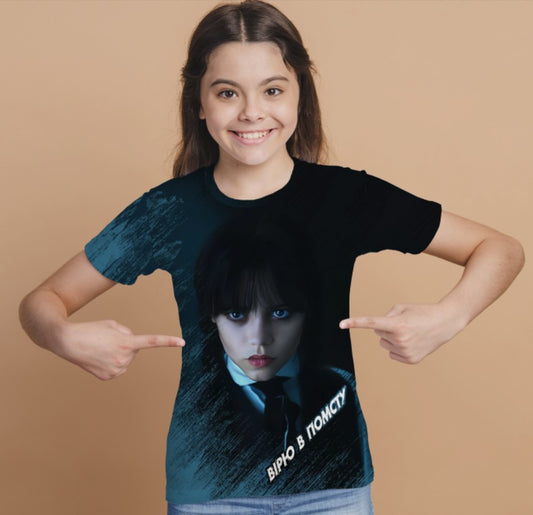 T-shirt 3D All Over Print with the print of Wednesday Addams and Enit Wednesday Addams.